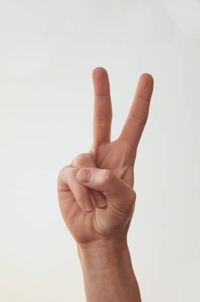 istock Female hand shows two fingers on a white background 1302639594