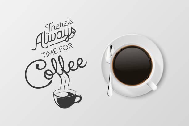 ilustraciones, imágenes clip art, dibujos animados e iconos de stock de vector 3d realista taza de cerámica de porcelana blanca con espresso negro, mocha aislado en blanco. taza de café con cita de tipografía, frase sobre el café. ilustración de stock. plantilla de diseño. vista superior - black coffee mocha high angle view black