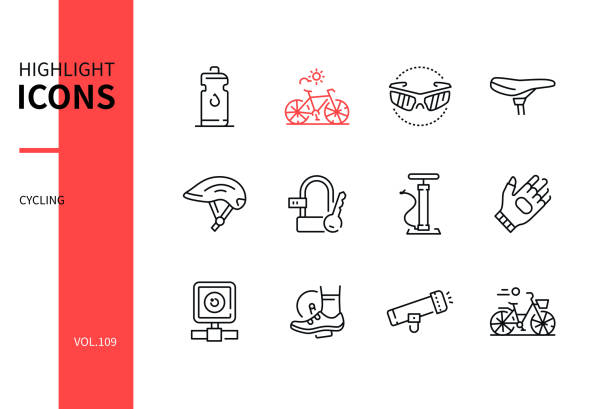 ilustraciones, imágenes clip art, dibujos animados e iconos de stock de ciclismo - iconos de diseño de línea moderna conjunto - casco de ciclista