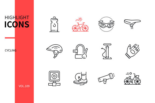 Cycling - modern line design style icons set Cycling - modern line design style icons set. Sport and exercising concept. Sportive equipment images. Water bottle, bicycle, goggles, saddle, helmet, lock, pump, gloves, action camera, urban bike bike icon stock illustrations