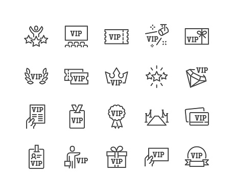 Simple Set of VIP Related Vector Line Icons. 
Contains such Icons as Special Guests List, Red Carpet, VIP Line and more. Editable Stroke. 48x48 Pixel Perfect.