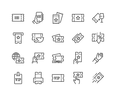 Simple Set of Tickets Related Vector Line Icons. 
Contains such Icons as Early Bird, Combo offer, Mobile Ticket and more. Editable Stroke. 48x48 Pixel Perfect.