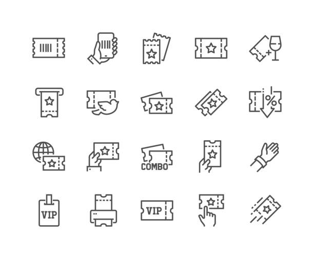 Line Tickets Icons Simple Set of Tickets Related Vector Line Icons. 
Contains such Icons as Early Bird, Combo offer, Mobile Ticket and more. Editable Stroke. 48x48 Pixel Perfect. ticket stock illustrations