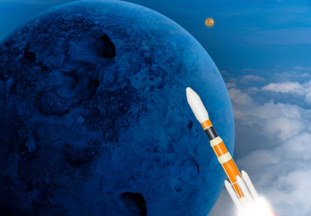 istock 3d image illustration orange and white multistage space rocket model flies pass blue planet to exploration universe at high speed in the galaxy. 1302643079
