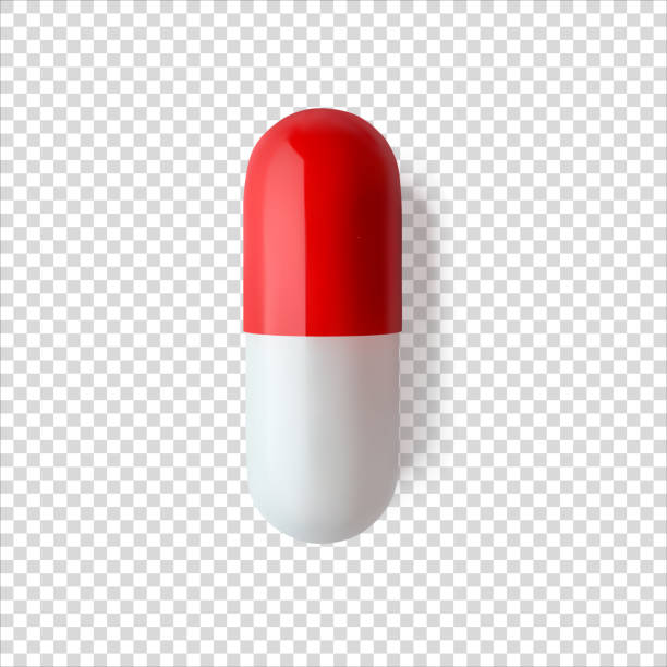 赤白カプセルピルリアルなベクターイラスト。クロースアップ孤立した医薬品。ヘルスケアと医療。鎮痛剤または抗生物質のモックアップ - red pills点のイラスト素材／クリップアート素材／マンガ素材／アイコン素材