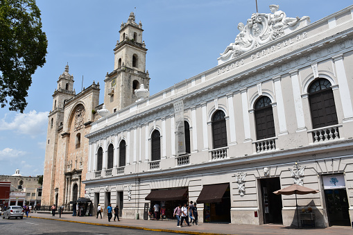 Mérida, Mexico - May 15, 2019: Mérida Cathedral (San Ildefonso) and the Museo de Arte Contemporáneo Ateneo de Yucatán MACAY-Fernando García Ponce (a contemporary art museum) on the east side of Plaza Grande.