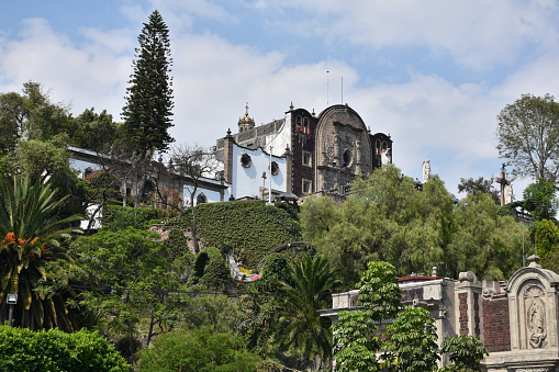 Mexico City, Mexico - May 19, 2019: View of the Capilla del Cerrito de los Angeles (Chapel of the Little Hill of the Angels), which is said to be marking the location on Tepeyac Hill where the Virgin of Guadalupe first appeared to Juan Diego Cuauhtlatoatzin in 1531.