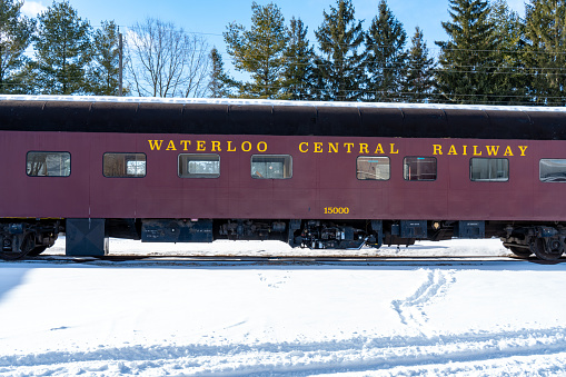 Waterloo Central Railway at winter in St. Jacobs, Ontario, Canada. \nThe Waterloo Central Railway is a non-profit heritage railway that is owned and operated by the Southern Ontario Locomotive Restoration Society.
