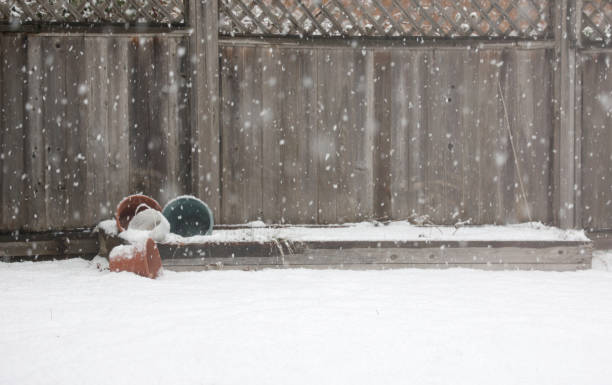 istock Backyard Fence and Plastic Planters in the Snow 1302650520