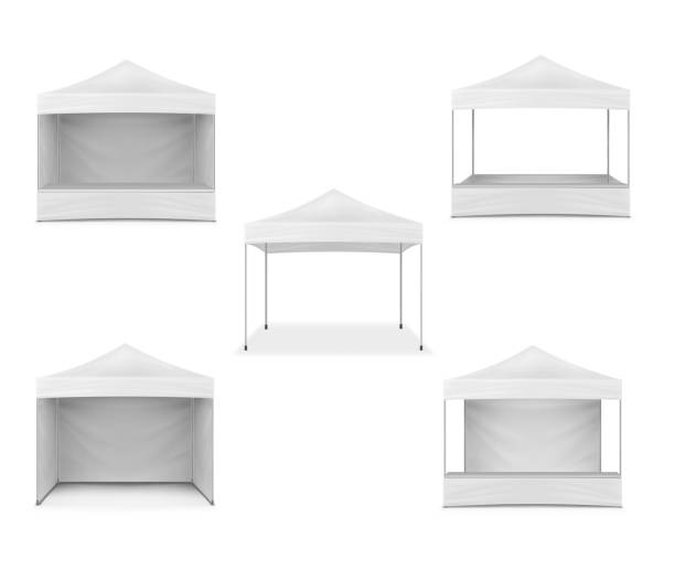 Pop-up gazebo, realistic mockup. White blank canopy tent, mock-up. Event marquee, template. Exhibition outdoor show pavilion. Vector set for design Pop-up gazebo, realistic mockup. White blank canopy tent, mock-up. Event marquee, template. Exhibition outdoor show pavilion. Vector set for design. entertainment tent stock illustrations