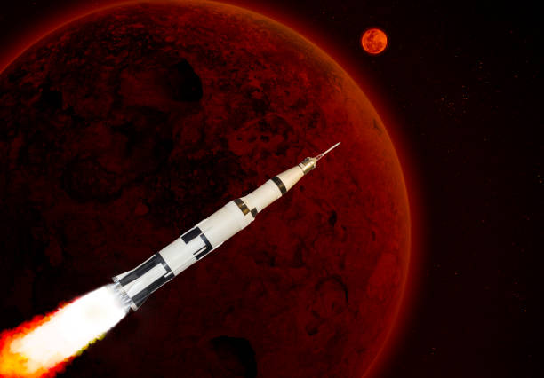 istock 3d image illustration black and white multistage space rocket model flies to exploration over the red planet at high speed in the galaxy. 1302652074