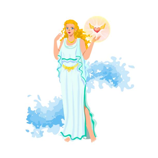 Aphrodite Tình Yêu Hy Lạp Và Nữ Thần Sắc Đẹp Trong Peplos Trắng Và Vành Đai  Ma Thuật Với Trái Tim Có Cánh Sáng Bóng Bọt Biển Nhân Vật Hoạt Hình Bị