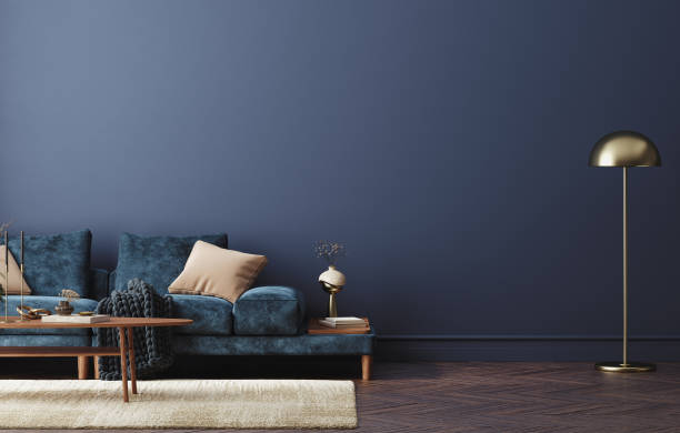 istock Home interior mock-up with blue sofa, table and decor in living room 1302655804