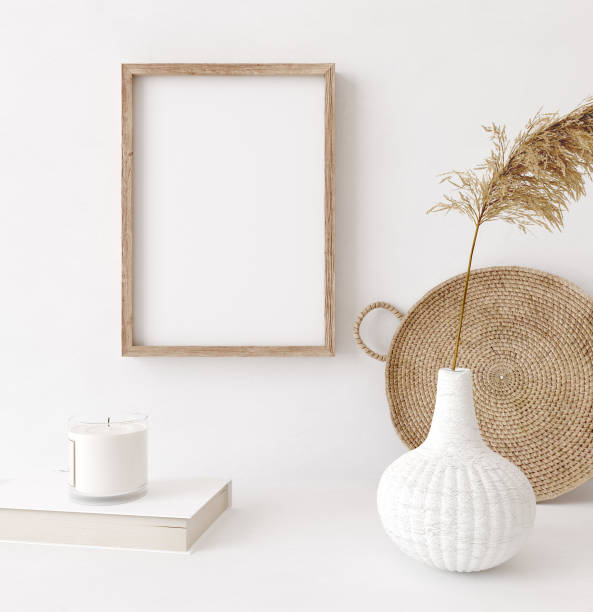 istock Mock up frame close up in home interior background, Boho style 1302655815