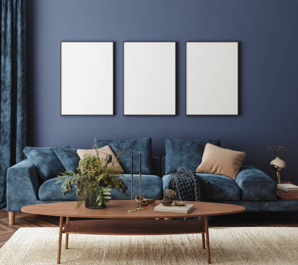 istock Home interior mock-up with blue sofa, table and decor in living room 1302655821