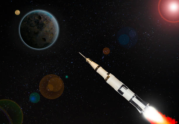 istock 3d image illustration black and white multistage space rocket model flies to exploration planet at high speed in the galaxy. 1302656017
