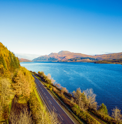 An aerial view of Loch Lomond in Central Scotland from above the A82..