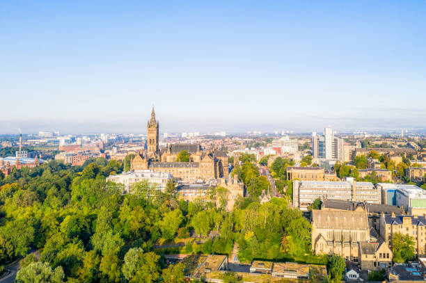 West End Glasgow An aerial view of Glasgow's West End, taken in late summer. glasgow scotland stock pictures, royalty-free photos & images