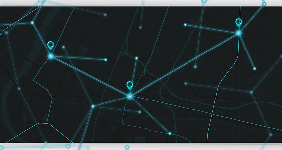 Navegador GPS Pin Glow para simular un mapa de navegación a través de una aplicación Sobre la ilustración 3D de fondo negro moderno photo