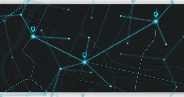 istock GPS navigator Glow pin to simulate a navigation map via an application On modern black background 3d illustration 1302658883