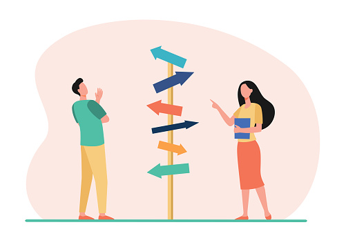Pensive man and woman choosing direction. Arrow, path, business flat vector illustration. Decision and strategy concept for banner, website design or landing web page