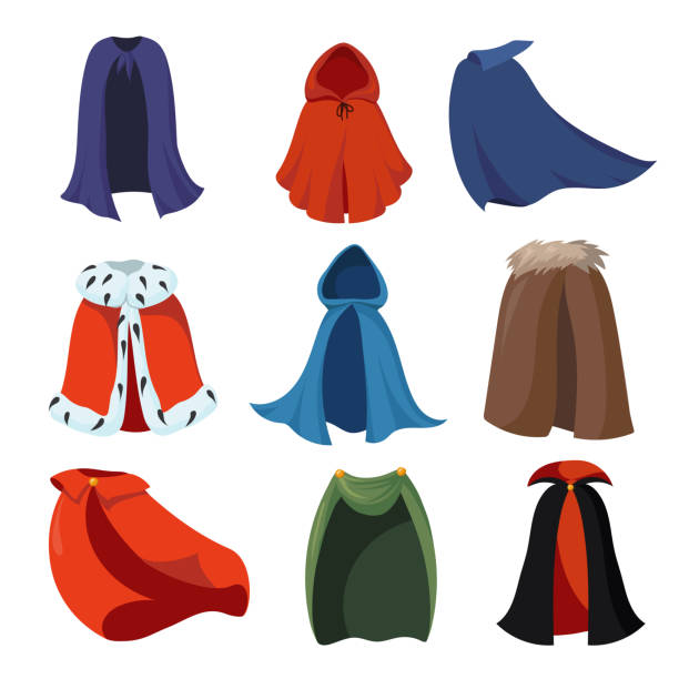 Cartoon capes set Cartoon capes set. Cartoon cloaks or mantles of king, vampire, death, magic characters costumes for festive events. Vector illustrations for Halloween party, celebration, holiday concept hood stock illustrations