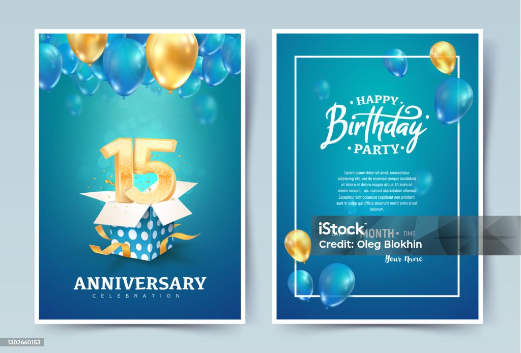 15 Jahre Geburtstag Vektor Einladung Doppelkarte. Fünfzehn Jahre Jubiläums-Feier Broschüre. Vorlage der Einladung zum Drucken auf blauem Hintergrund - Lizenzfrei Geburtstag Vektorgrafik