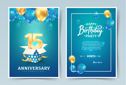 15th years birthday vector invitation double card. Fifteen years anniversary celebration brochure. Template of invitational for print on blue background.