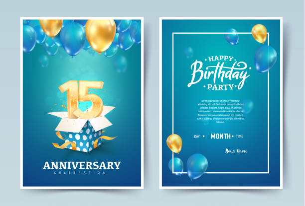 15th years birthday vector invitation double card. Fifteen years anniversary celebration brochure. Template of invitational for print on blue background 15th years birthday vector invitation double card. Fifteen years anniversary celebration brochure. Template of invitational for print on blue background. happy birthday stock illustrations