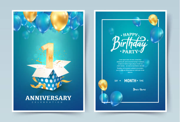 1 년 생일 벡터 초대 더블 카드. 1 주년 기념 축제 브로셔. 파란색 배경에 인쇄를위한 초대 템플릿 - first birthday stock illustrations