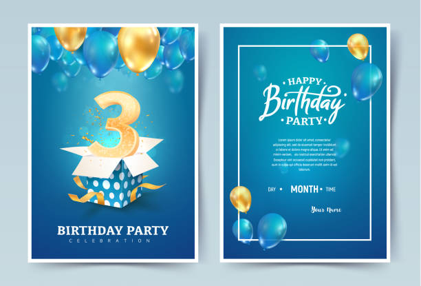 3 th years birthday vector invitation card. Three years anniversary celebration brochure. Template of invitational for print on blue background 3 th years birthday vector invitation card. Three years anniversary celebration brochure. Template of invitational for print on blue background. anniversary card stock illustrations