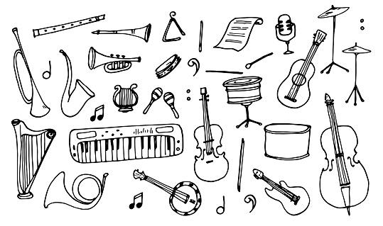 Classic sketch set with black doodle musical instruments set on white background. Doodle vector illustration. Black background. Outline drawing. Line art. Vector sketch illustration.