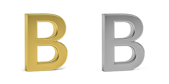 Three dimensional letter made in two types of materials - gold, aluminum - on white background - 3d render
