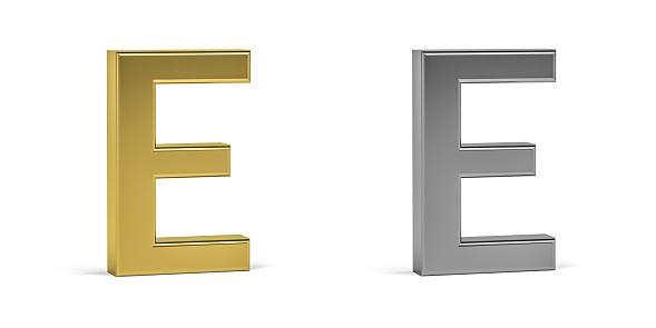 Three dimensional letter made in two types of materials - gold, aluminum - on white background - 3d render