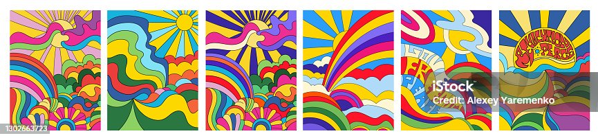 istock Set of 6 brightly colored psychedelic landscapes 1302663723