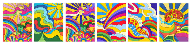 Set of 6 brightly colored psychedelic landscapes Set of 6 brightly colored psychedelic landscape posters or cards with sun, rainbow and countryside in abstract bold designs, colored vector illustration poster illustrations stock illustrations