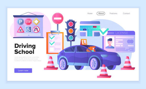 illustrazioni stock, clip art, cartoni animati e icone di tendenza di modello di pagina web per una scuola guida - driving test