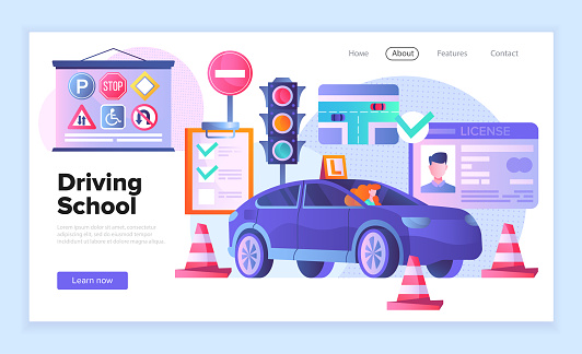 Web page template for a driving school showing a car, traffic cones, traffic lights, road signs and drivers licence with copyspace for text, colored vector illustration