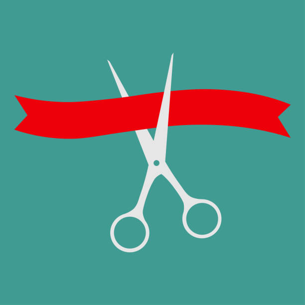 ножницы перерезали прямую красную ленту. - business opening beginnings ribbon cutting stock illustrations