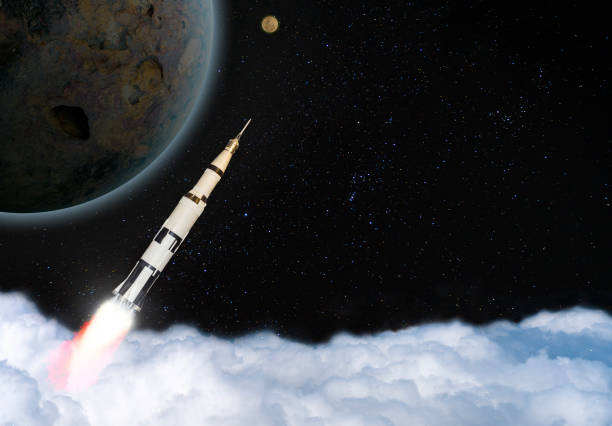 istock 3d image illustration black and white multistage space rocket model flies pass cloud to exploration universe and planet at high speed in the galaxy. 1302665998
