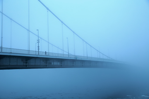 Elizabeth Bridge in mysterious fog over the icy Danube in Budapest, Hungary; color photo