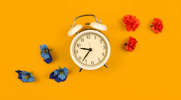 istock Creative spring time concept and background with decorative flowers and alarm clock, banner 1302669439