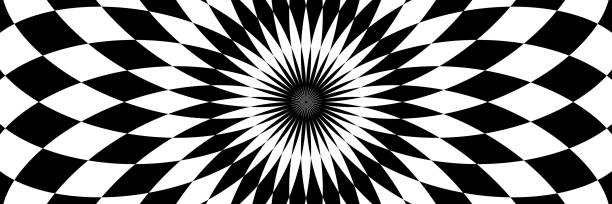 istock Vector illustration of checkered, rhombus pattern with optical illusion. Op art abstract background. Long horizontal banner. 1302671395