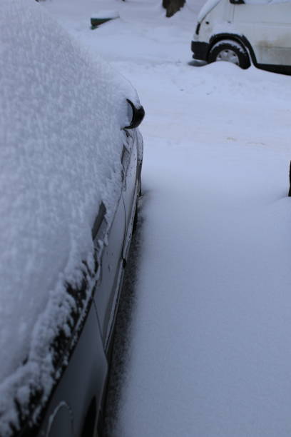 istock Cars covered with snow during snowfall in city. 1302671782