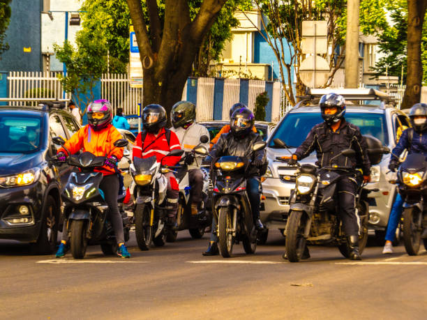 Group of motorcycles in a traffic light of Bogota - Colombia stock photo