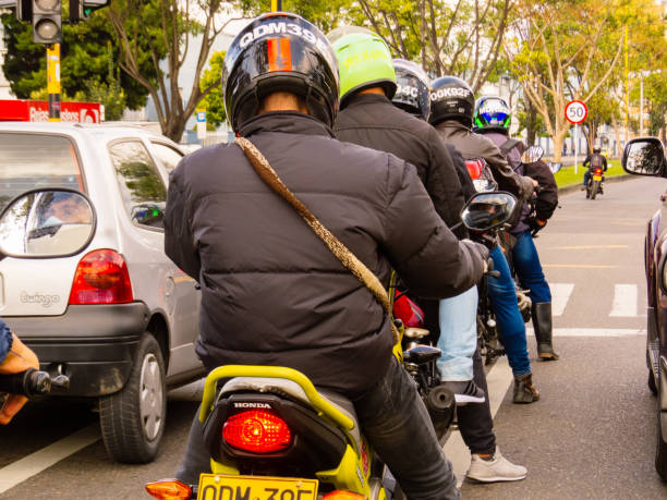Line of motorcycles in a traffic light of Bogota - Colombia stock photo
