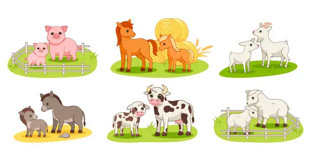 Vector illustration of Set with domestic animals and their babies