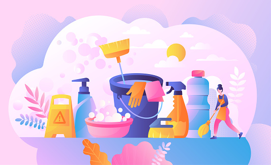 Cleaning hygiene service concept with a tiny woman doing the cleaning among giant buckets, mops, and supplies. Sanitary products for laundry, floor, kitchen, toilet. Flat cartoon vector illustration