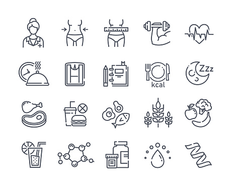 Large set of line black and white drawn diet icons depicting healthy fresh food and takeaways, tape measure, dieting, waistline and exercise, vector illustration