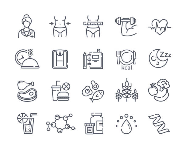 Large set of line black and white drawn diet icons Large set of line black and white drawn diet icons depicting healthy fresh food and takeaways, tape measure, dieting, waistline and exercise, vector illustration eating disorder stock illustrations